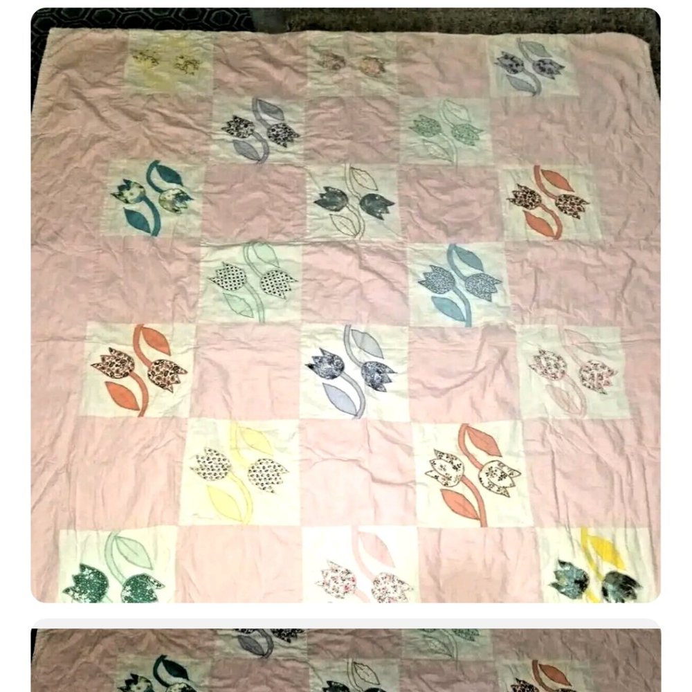 Vintage Patchwork Handmade Star flower Pattern Pink Quilt 63”x 75"  Beautiful!!
